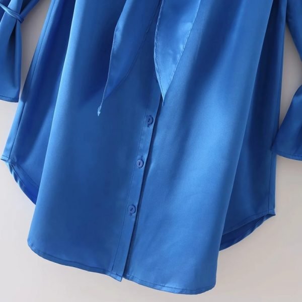 Hot Sale Women Knot Design Blue Satin Shirt Dress Female Long Sleeve Clothes Casual Lady Loose Vestido D8509