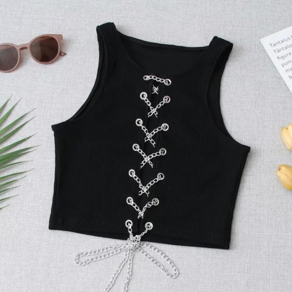 Summer Women Chain Decoration Hollow Sexy Knitted Short Tank T Shirt Casual Female O Neck Slim Crop Tops T1512