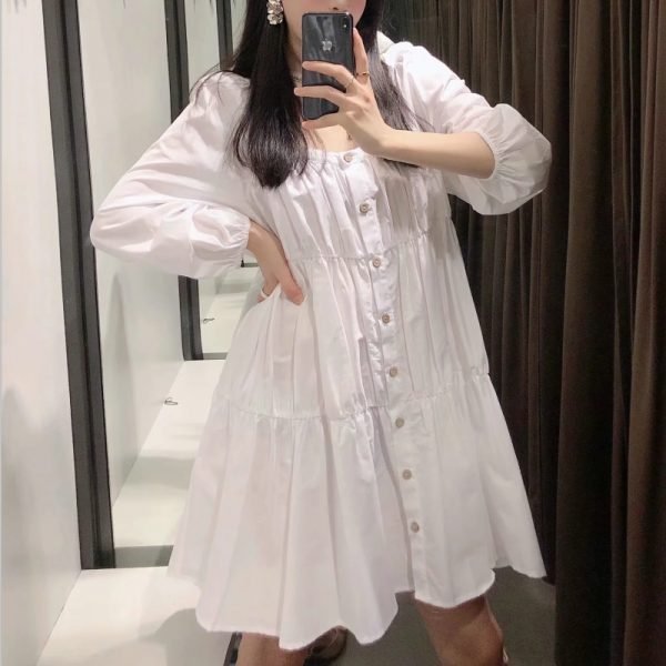 Summer Women Square Collar Single Breasted Pleated Mini Dress Female Nine Quarter Sleeve Clothes Casual Lady Loose Vestido D7555