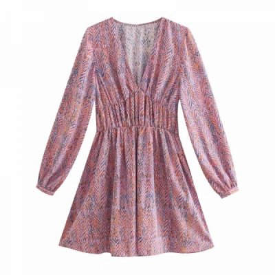 Hot Sale Women Digital Print V Neck Elastic Waist Mini Dress Female Long Sleeve Clothes Casual Lady Loose Vestido D8221