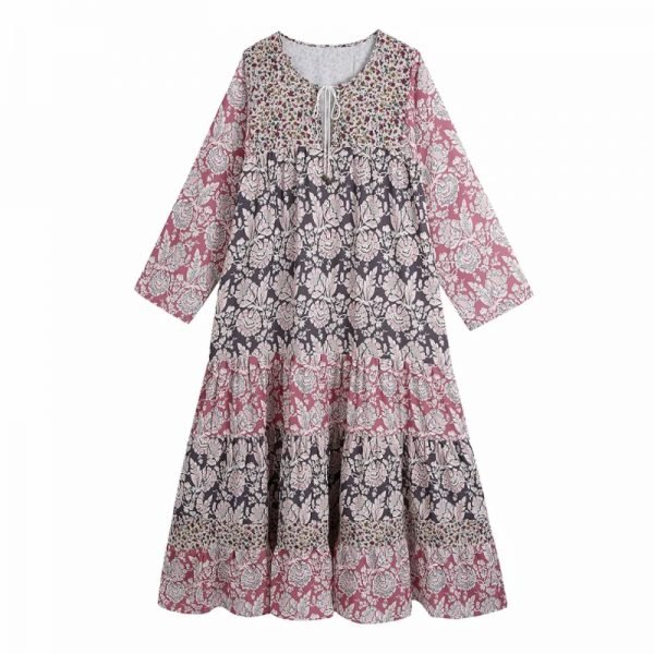 Women Vintage Floral Print Tiered Ruffle Splicing Midi Dress Female Nine Quarter Sleeve Clothes Leisure Lady Loose Vestido D8057