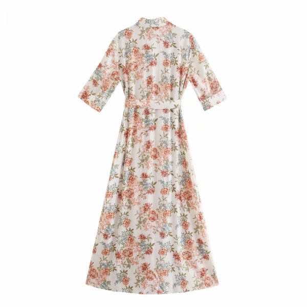 Hot Sale Women Floral Print Sashes Midi Shirt Dress Female Half Sleeve Clothes Casual Lady Loose Vestido D8222