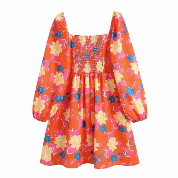 Hot Sale Women Flower Printing Square Collar Mini Dress Female Lantern Sleeve Clothes Casual Lady Slim Vestido D8167