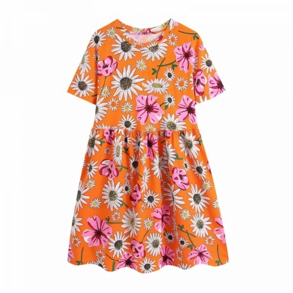 Hot Sale Women Flower Print Orange Mini Dress Female O Neck Short Sleeve Clothes Casual Lady Loose Vestido D8282