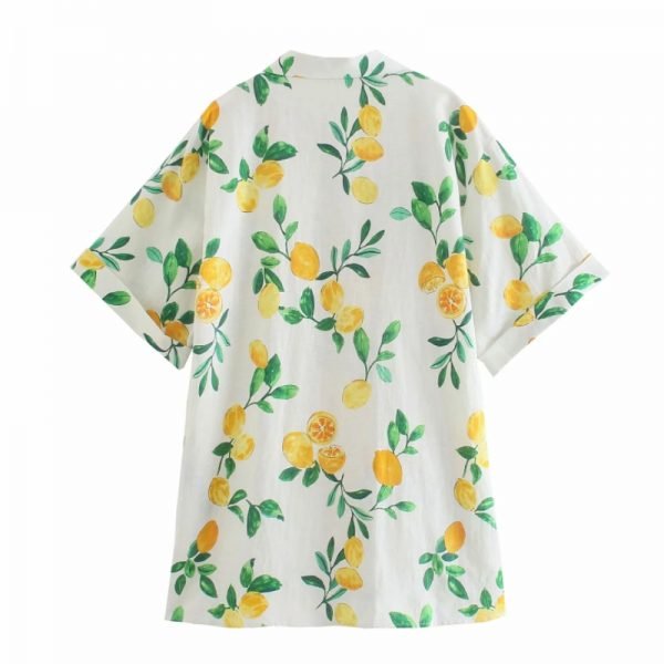 Summer Women Lemon Printing Patch Pocket Linen Mini Dress Female Short Sleeve Clothes Casual Lady Loose Vestido D7870