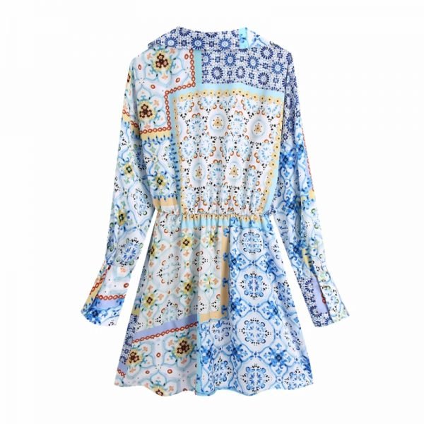 Summer Women Patchwork Printing V Neck Single Breasted Midi Dress Female Long Sleeve Clothes Casual Lady Loose Vestido D7881