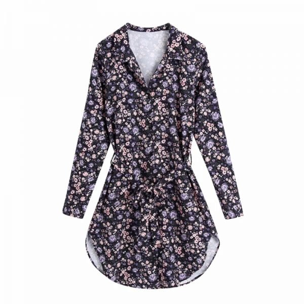 Hot Sale Women Vintage Flower Print Sashes Mini Shirt Dress Female Long Sleeve Clothes Casual Lady Loose Vestido D8385