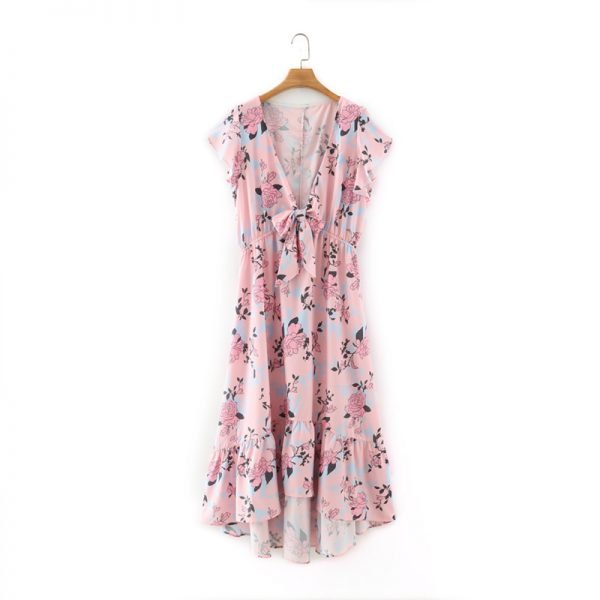 Summer Women Flower Print Deep V Neck Lace Up Bow Midi Dress Female Short Sleeve Clothes Casual Lady Loose Vestido D7515