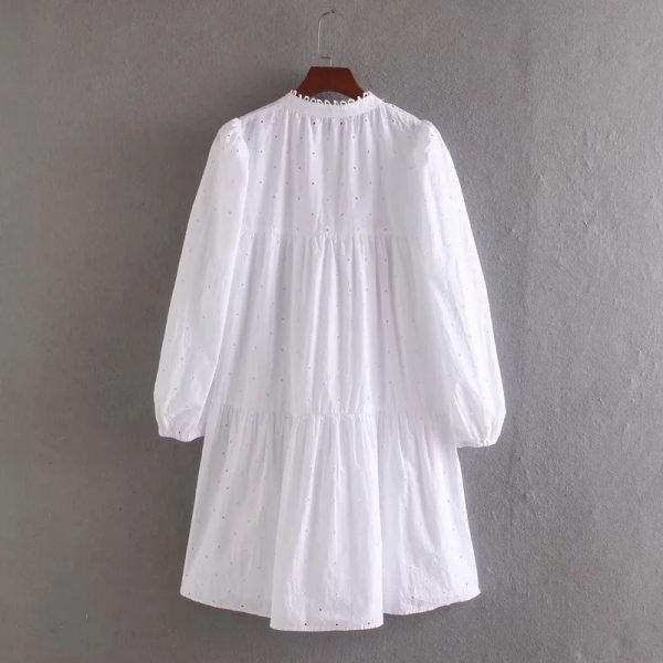 Women Hollow Embroidery White Mini Dress New Fashion Nine Quarter Sleeve Clothes Casual Lady Loose Vestido D5123