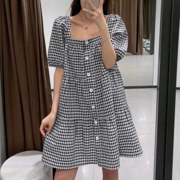 Summer Women Single Breasted Plaid Mini Dress Female Square Collar Puff Sleeve Clothes Casual Lady Loose Vestido D7651