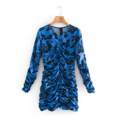 Women Flower printing V-Neck Pleated Mini dress Femme Long sleeve Dresses Casual Lady Slim Clothes Vestido D6509