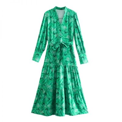 Hot Sale Women Green Leaf Printing Sashes Midi Dress Female Long Sleeve Clothes Casual Lady Loose Vestido D8517