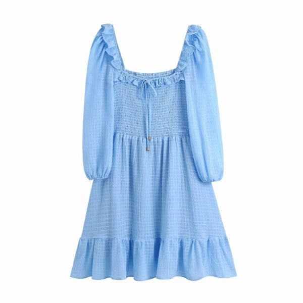 Hot Sale Women Ruffle Square Collar Elastic Slim Mini Dress Female Three Quarter Sleeve Clothes Casual Lady Vestido D8165