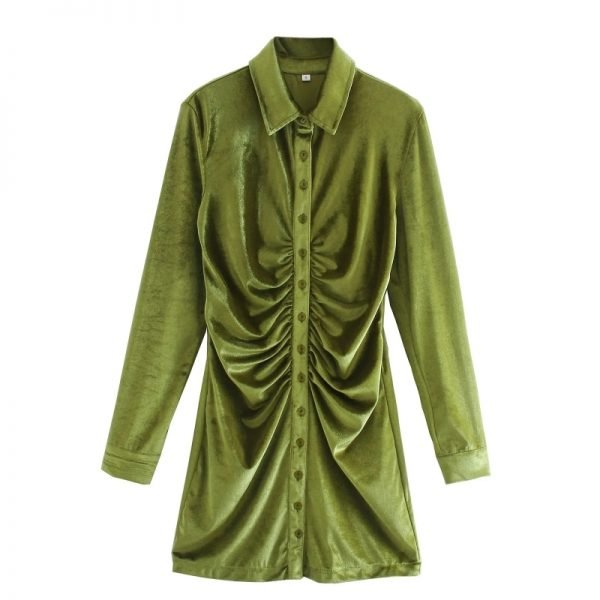 Spring Women Pleated Decoration Velvet Mini Shirt Dress Female Long Sleeve Clothes Office Lady Slim Vestido D7309