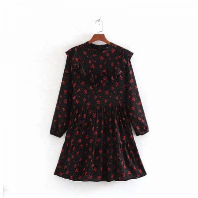 Vintage Flower Prints Cascading Ruffle Women Mini Dress Leisure Lady Long Sleeve Loose Dresses D3700