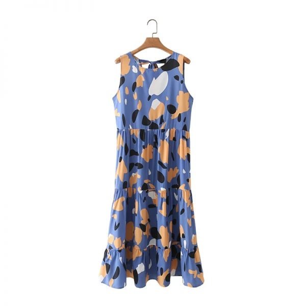 Summer Women Graffiti Printing Vest Midi Dress Female O Neck Sleeveless Clothes Casual Lady Loose Vestido D7813