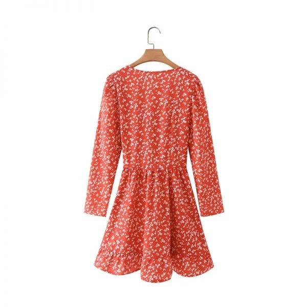 Hot Sale Women Floral Print Red Mini Dress Female Square Collar Long Sleeve Clothes Leisure Lady Loose Vestido D8090