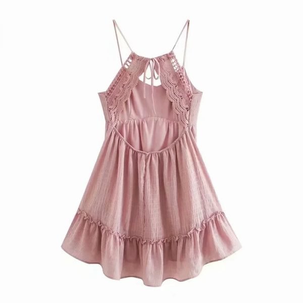 Summer Women Lace Splicing Backless Suspender Mini Dress Female Sleeveless Clothes Casual Lady Loose Vestido D7827