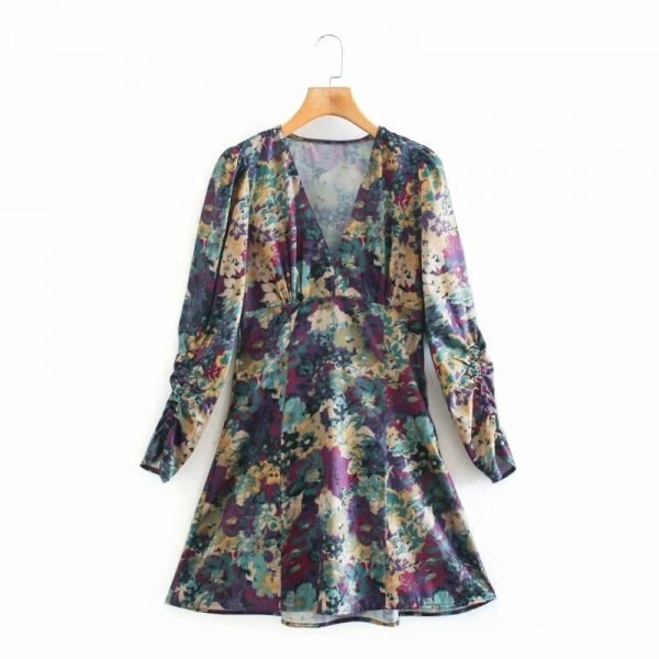 New Spring Women Flower Print V Neck Mini A-Line Dress Female Pleating Nine Quarter Sleeve Clothes Casual Vestido D7093