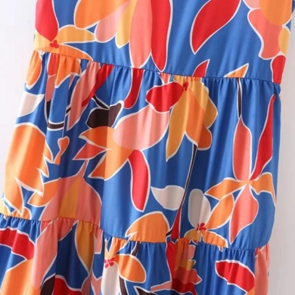 Summer Women Digital Print Tiered Ruffle Midi Vest Dress Female O Neck Sleeveless Clothes Leisure Lady Loose Vestido D7952