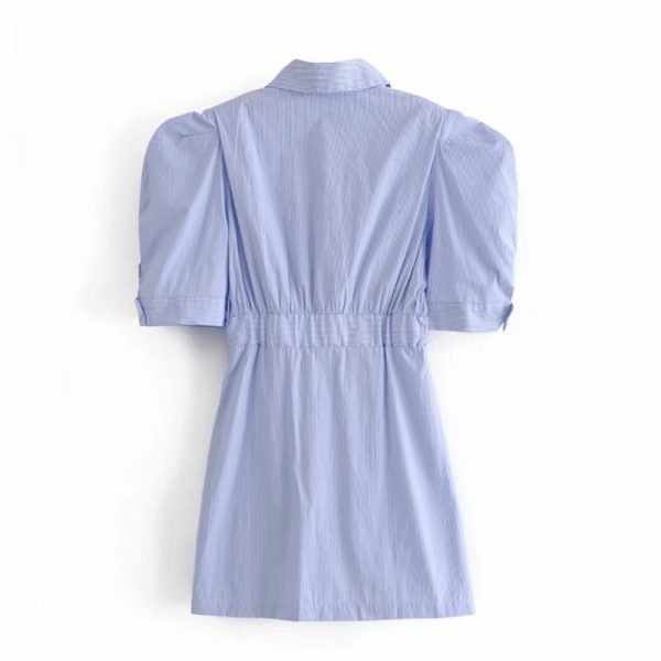 Women Slim Pleated Striped Mini Shirt Dress Female Puff Sleeve Clothes Casual Lady Vestido D7526