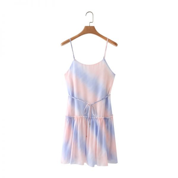 Summer Women Tie Dye Printing Chiffon Suspender Mini Dress Female Sleeveless Clothes Casual Lady Loose Vestido D7788