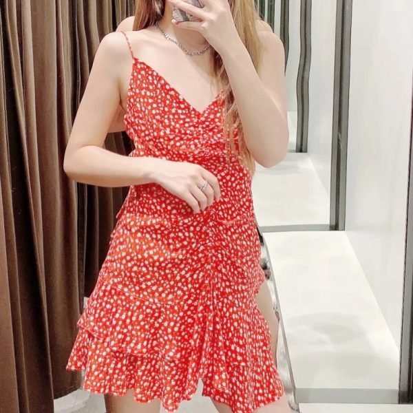 Summer Women Flower Printing Red Suspender Mini Dress Female Cascading Ruffle Hem Clothes Casual Lady Loose Vestido D7632