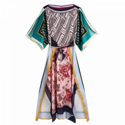 Hot Sale Women Geometric Placement Print Slash Neck Midi Dress Female Short Sleeve Clothes Casual Lady Loose Vestido D8297