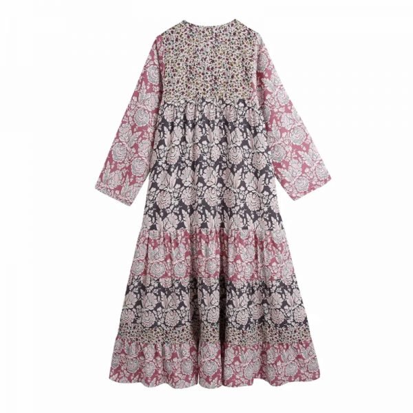 Women Vintage Floral Print Tiered Ruffle Splicing Midi Dress Female Nine Quarter Sleeve Clothes Leisure Lady Loose Vestido D8057