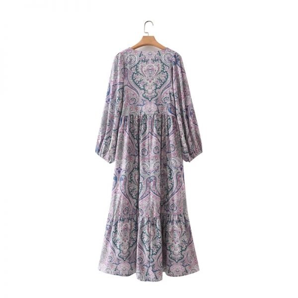 Hot Sale Women Ethnic Style Print V Neck Midi Dress Female Lantern Sleeve Clothes Vintage Lady Loose Vestido D8515