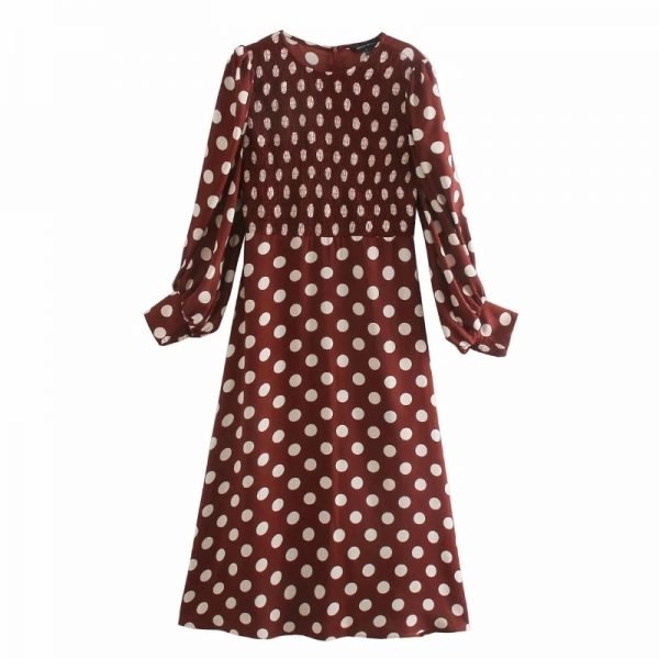 Women Dot Printing O Neck Elastic Midi A-Line Dress Casual Female Lantern Sleeve Clothes Lady Loose Vestido D6855