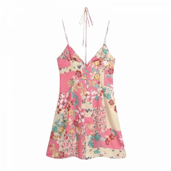 Hot Sale Women Patchwork Printing Drawstring Suspender Mini Dress Female Sleeveless Clothes Casual Lady Loose Vestido D8202