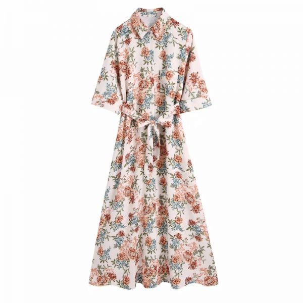 Hot Sale Women Flower Printing Turndown Collar Sashes Midi Dress Female Half Sleeve Clothes Casual Lady Loose Vestido D8303