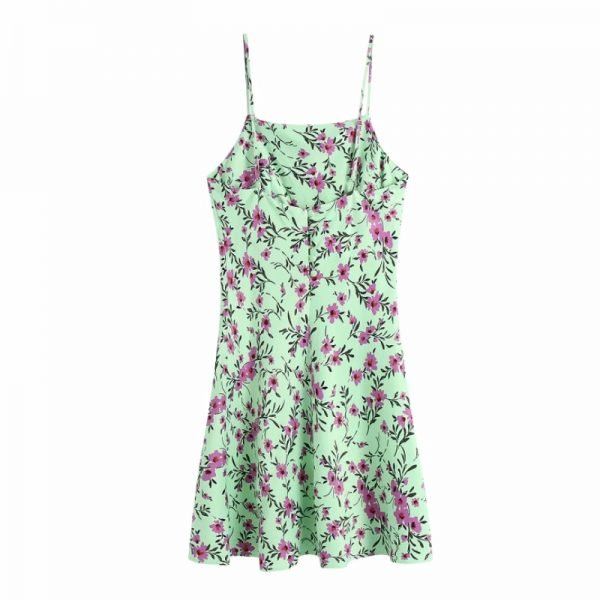 Summer Women Flower Printing Suspender Mini Dress Female Back Button Clothes Casual Lady Loose Vestido D7681