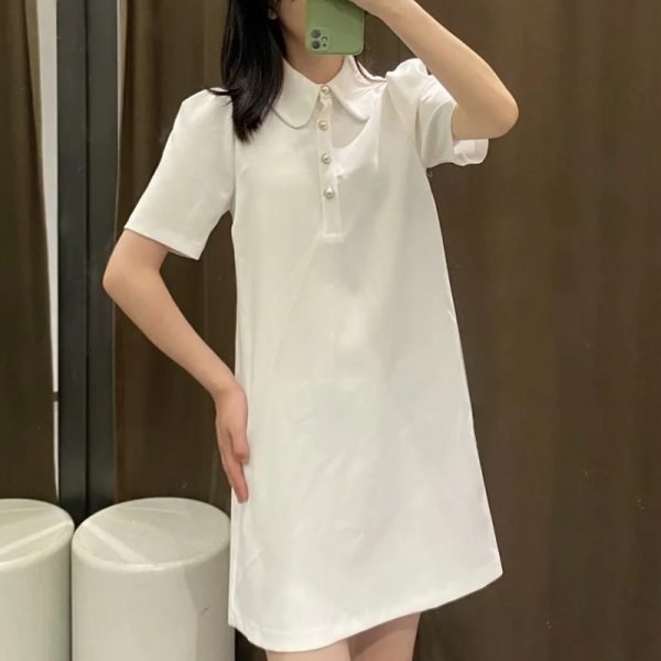 Spring Woman Button Decoration Turndown Collar White Shirt Dress Female Short Sleeve Office Lady Loose Clothes Vestido D6351