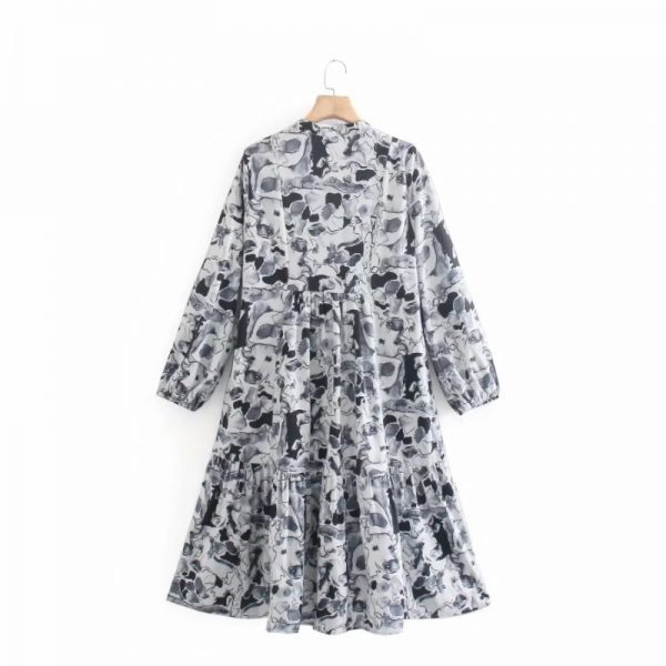 Hot Sale Women Graffiti Printing Stand Collar Midi Dress Female Nine Quarter Sleeve Clothes Casual Lady Loose Vestido D8110