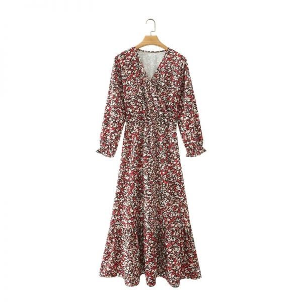 Hot Sale Women Vintage Floral Print Cross V Neck Dress Female Nine Quarter Sleeve Clothes Casual Lady Loose Vestido D8227