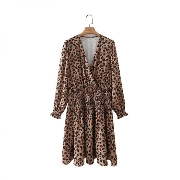 Hot Sale Women Leopard Print Elastic Waist Mini Dress Female Nine Quarter Sleeve Clothes Casual Lady Loose Vestido D8513