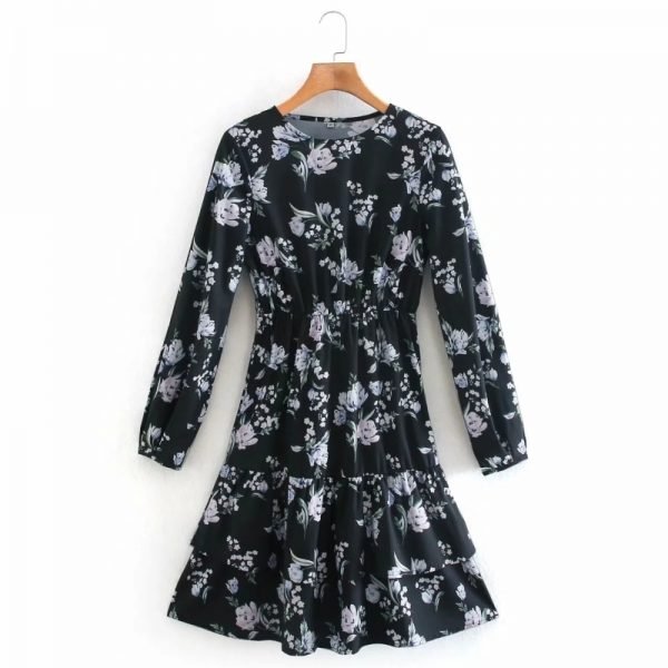 Women Floral Print Cascading Ruffle Hem Mini Dress Vintage Female O Neck Long Sleeve Clothes Casual Lady Loose Vestido D6939