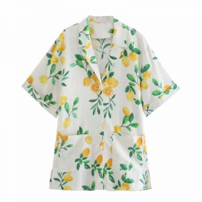 Summer Women Lemon Printing Patch Pocket Linen Mini Dress Female Short Sleeve Clothes Casual Lady Loose Vestido D7870