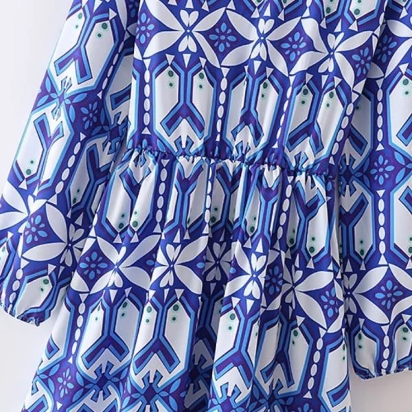 Hot Sale Women Digital Print Stand Collar Midi Dress Female Long Sleeve Clothes Leisure Lady Loose Vestido D8091