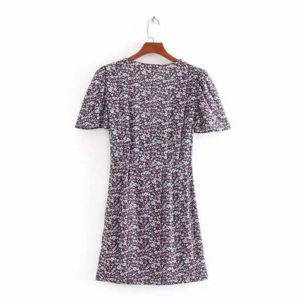 Vintage Flower printing Woman Cross V Neck Pleated Mini Dress Fashion Casual Ladies Puff Sleeve Slim Dresses D5377