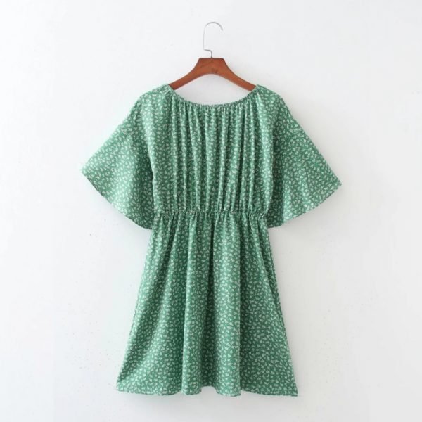 Summer Women Floral Print Green Mini Dress Female Slash Neck Flare Sleeve Clothes Casual Lady Loose Vestido D7750