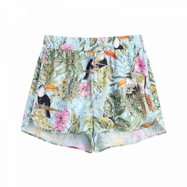 Summer Women Floral Bird Print Elastic Waist Shorts Casual Female Loose Clothes P2095