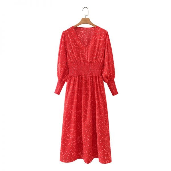 Summer Women Dot Printing V Neck Side Slit Red Midi Dress Female Nine Quarter Sleeve Clothes Leisure Lady Loose Vestido D7957