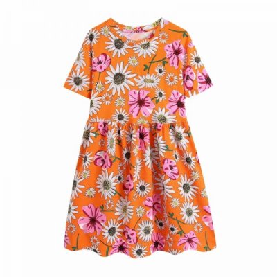 Hot Sale Women Flower Print Orange Mini Dress Female O Neck Short Sleeve Clothes Casual Lady Loose Vestido D8282