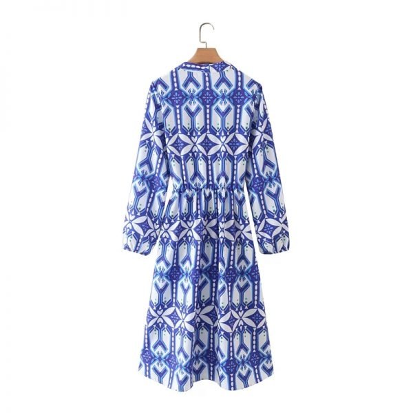 Hot Sale Women Digital Print Stand Collar Midi Dress Female Long Sleeve Clothes Leisure Lady Loose Vestido D8091