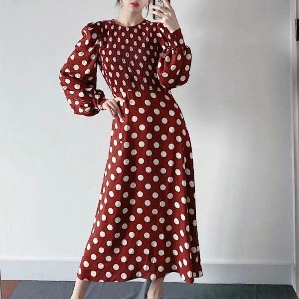 Women Polka Dot Printing Midi Dress Casual Femme O-Neck Lantern Sleeve Clothes Lady Loose Vestido D6665