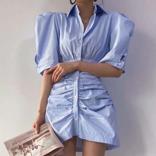 Women Slim Pleated Striped Mini Shirt Dress Female Puff Sleeve Clothes Casual Lady Vestido D7526