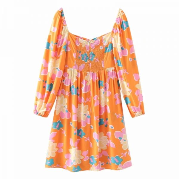 Hot Sale Women Floral Print Square Collar Mini Dress Female Lantern Sleeve Clothes Casual Lady Loose Vestido D8133